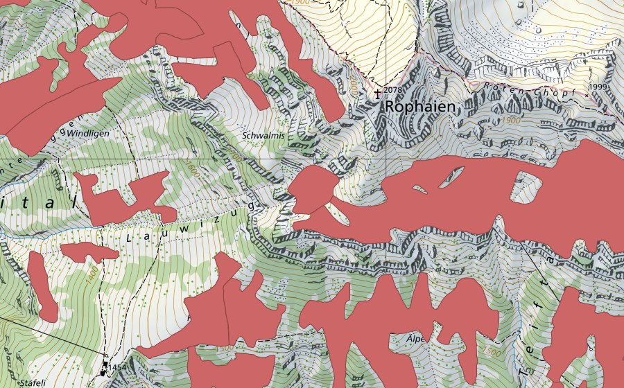 Carte nationale swisstopo avec le périmètre protégé de Rophaien (Prairie sèche)