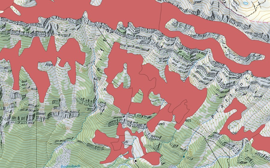 swisstopo national map showing the protected perimeter of Rophaien (Dry meadow)