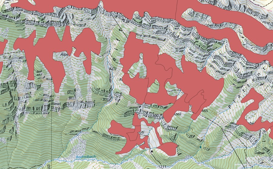Carte nationale swisstopo avec le périmètre protégé de Rophaien (Prairie sèche)