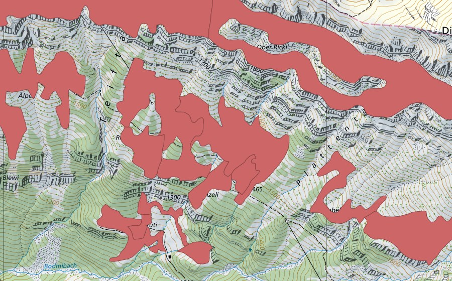 swisstopo national map showing the protected perimeter of Rophaien (Dry meadow)