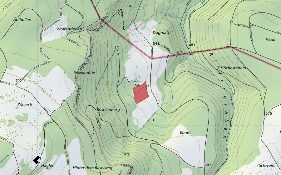 swisstopo national map showing the protected perimeter of Röselen (Dry meadow)