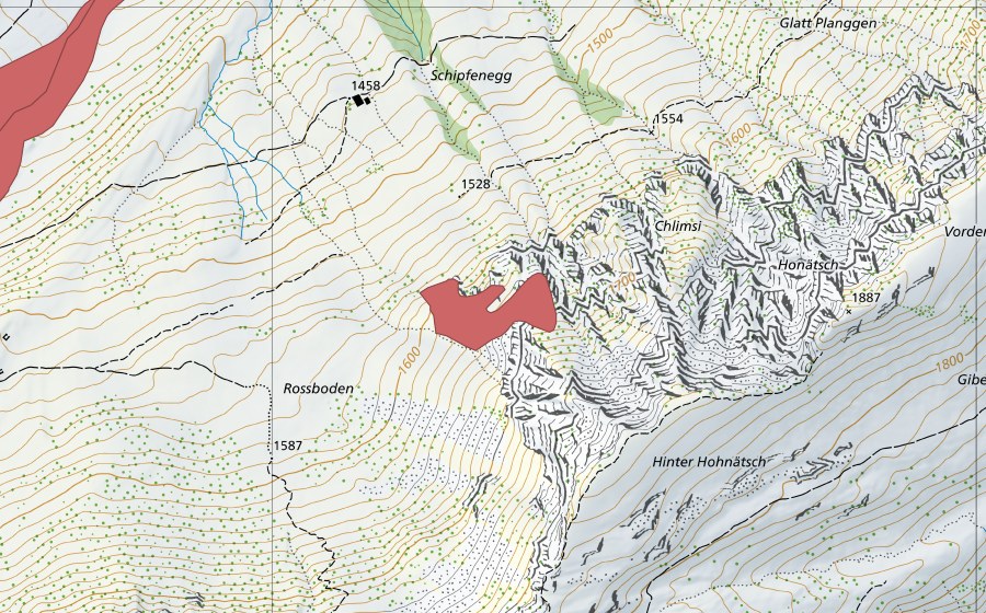 Carte nationale swisstopo avec le périmètre protégé de Rossboden (Prairie sèche)