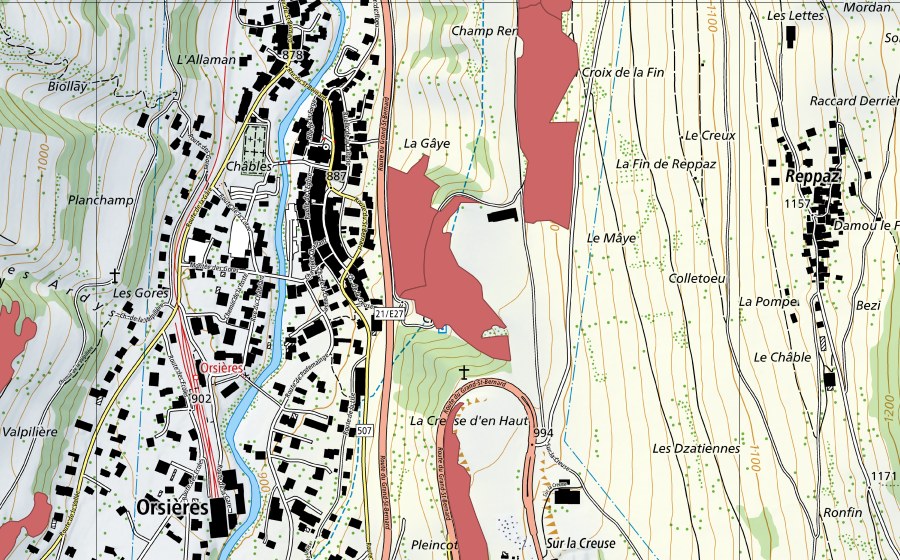 swisstopo national map showing the protected perimeter of Rosset (Dry meadow)