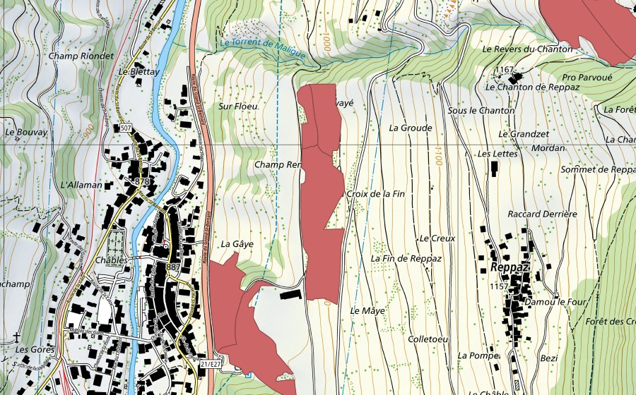 Carte nationale swisstopo avec le périmètre protégé de Rosset (Prairie sèche)