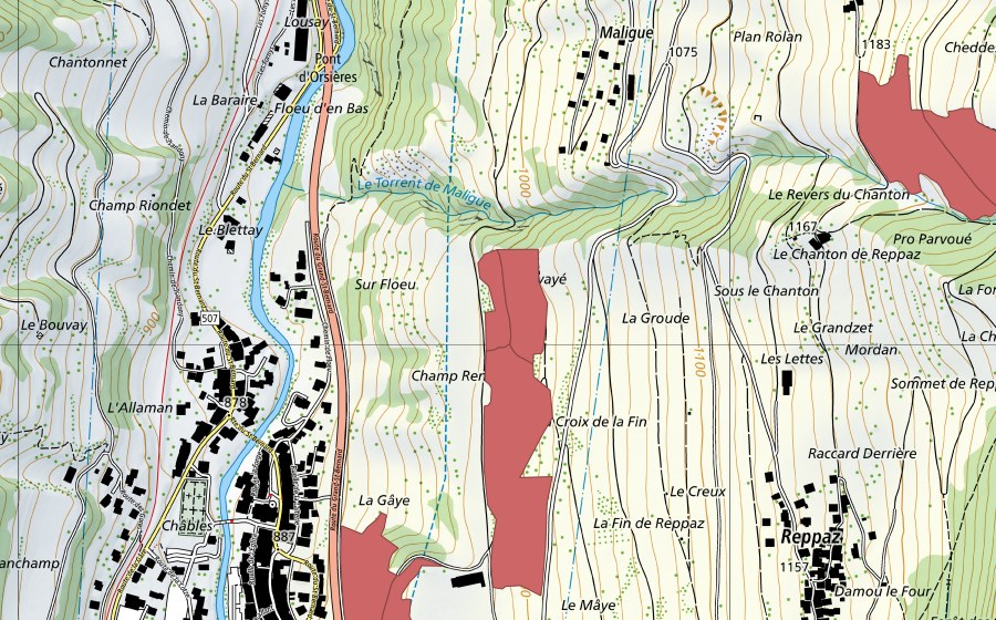 Carte nationale swisstopo avec le périmètre protégé de Rosset (Prairie sèche)