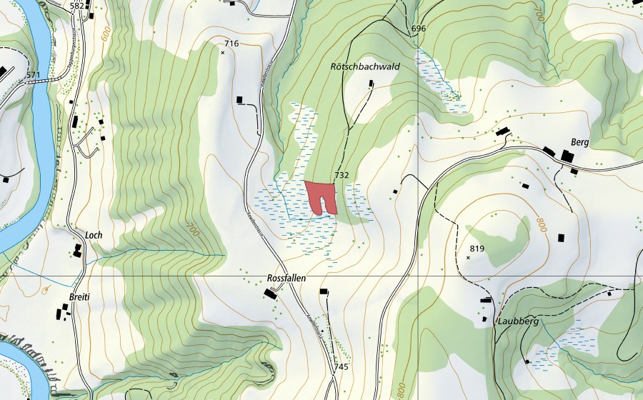 Landeskarte swisstopo mit dem Schutzperimeter von Rossfallen (Trockenwiese)