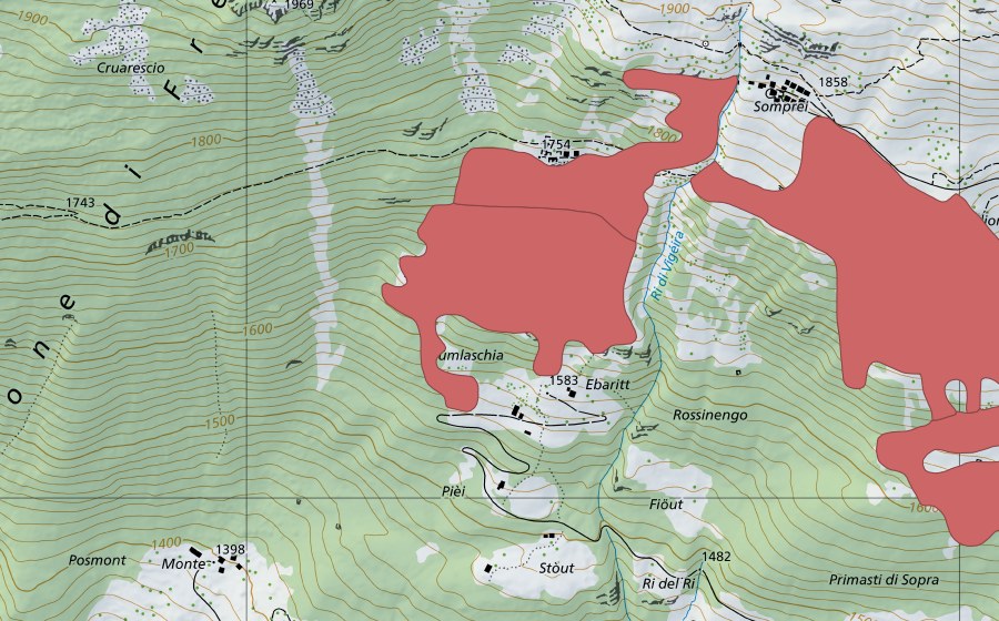 Landeskarte swisstopo mit dem Schutzperimeter von Rossinengo (Trockenwiese)