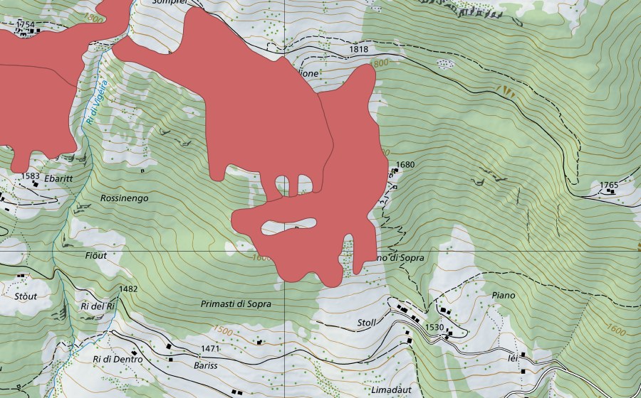 Landeskarte swisstopo mit dem Schutzperimeter von Rossinengo (Trockenwiese)