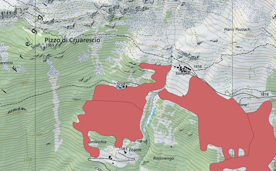 Landeskarte swisstopo mit dem Schutzperimeter von Rossinengo (Trockenwiese)