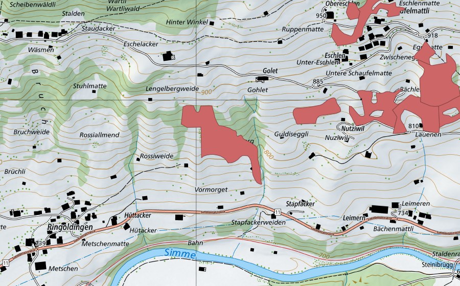 Carte nationale swisstopo avec le périmètre protégé de Rossiweid (Prairie sèche)
