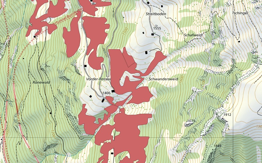 Carte nationale swisstopo avec le périmètre protégé de Rosslaueni (Prairie sèche)