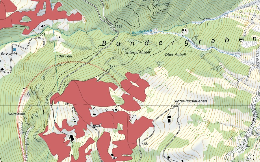 swisstopo national map showing the protected perimeter of Rosslaueni (Dry meadow)