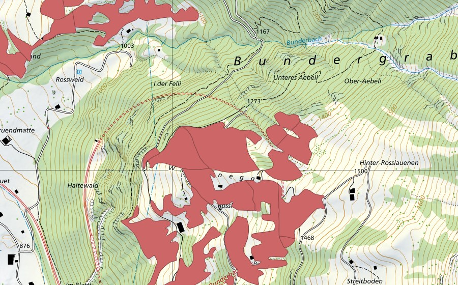 Carte nationale swisstopo avec le périmètre protégé de Rosslaueni (Prairie sèche)