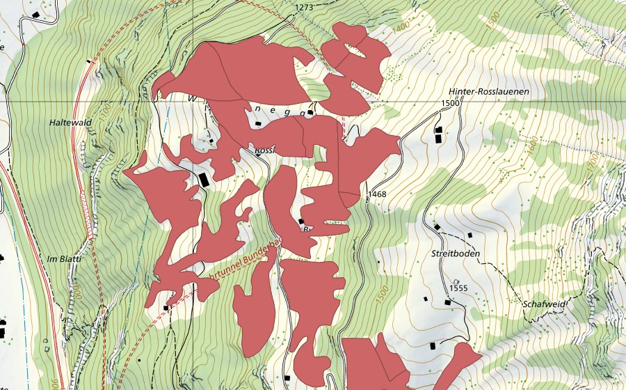 Carte nationale swisstopo avec le périmètre protégé de Rosslaueni (Prairie sèche)