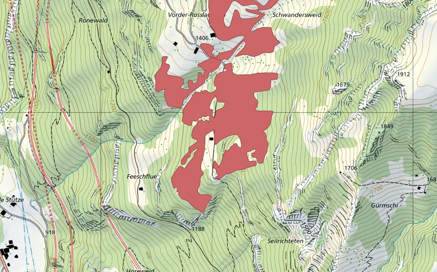 Carte nationale swisstopo avec le périmètre protégé de Rosslaueni (Prairie sèche)