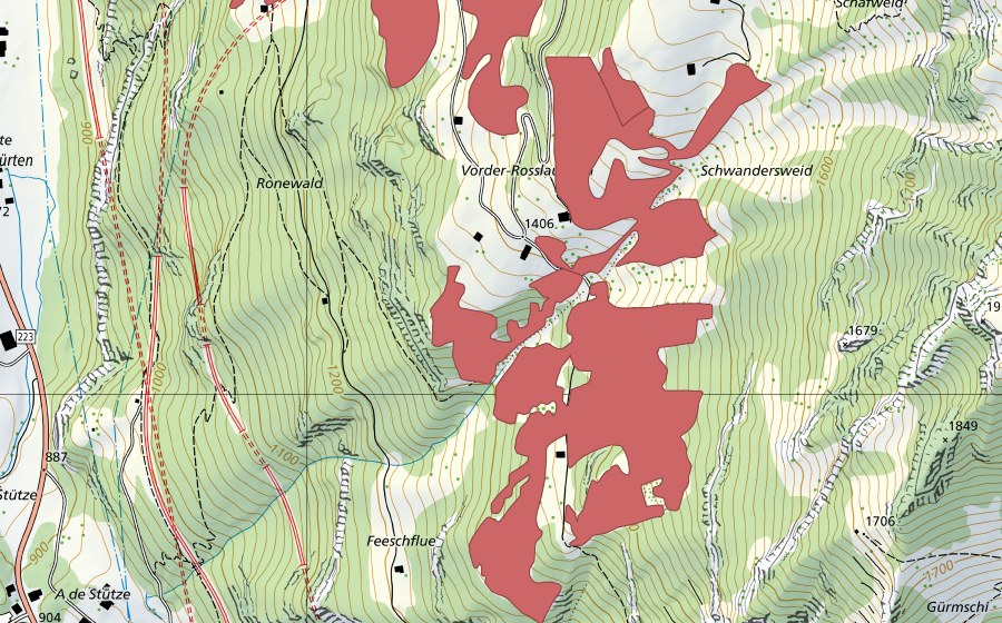 Carte nationale swisstopo avec le périmètre protégé de Rosslaueni (Prairie sèche)