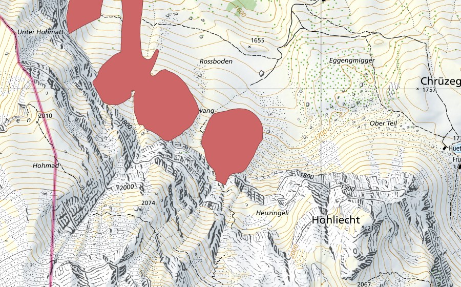 Carte nationale swisstopo avec le périmètre protégé de Rosswang (Prairie sèche)