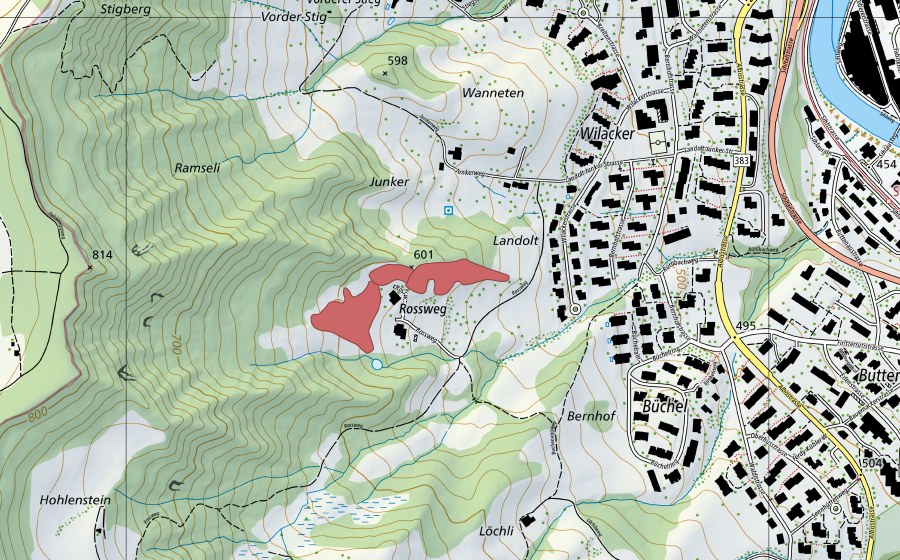 Landeskarte swisstopo mit dem Schutzperimeter von Rossweg (Trockenwiese)