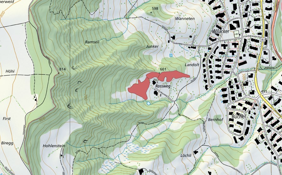 Carte nationale swisstopo avec le périmètre protégé de Rossweg (Prairie sèche)