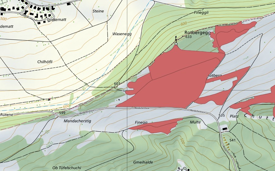 Landeskarte swisstopo mit dem Schutzperimeter von Rotberg (Trockenwiese)