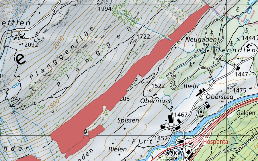 Carte nationale swisstopo avec le périmètre protégé de Rotboden (Prairie sèche)