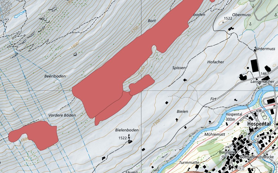 swisstopo national map showing the protected perimeter of Rotboden (Dry meadow)