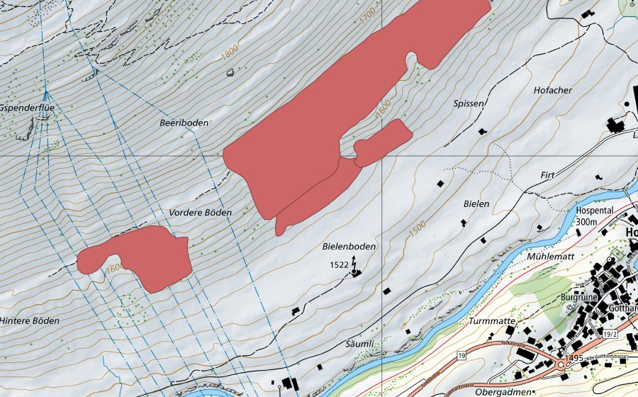 Carte nationale swisstopo avec le périmètre protégé de Rotboden (Prairie sèche)