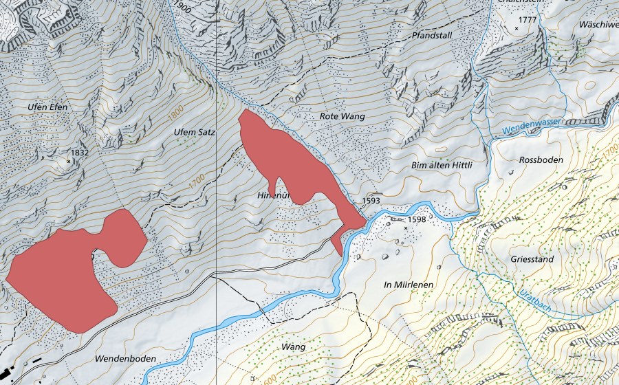 swisstopo national map showing the protected perimeter of Rote Wang (Dry meadow)