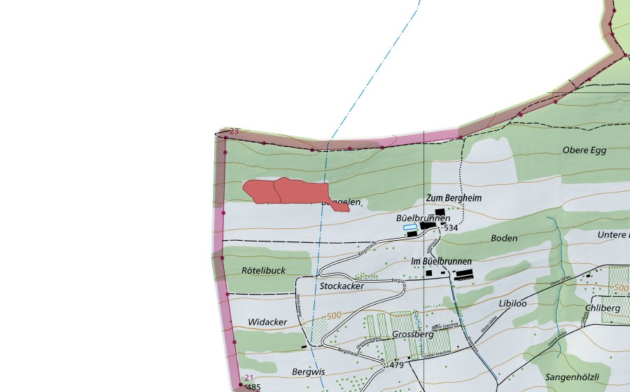 swisstopo national map showing the protected perimeter of Rötelibuck (Dry meadow)