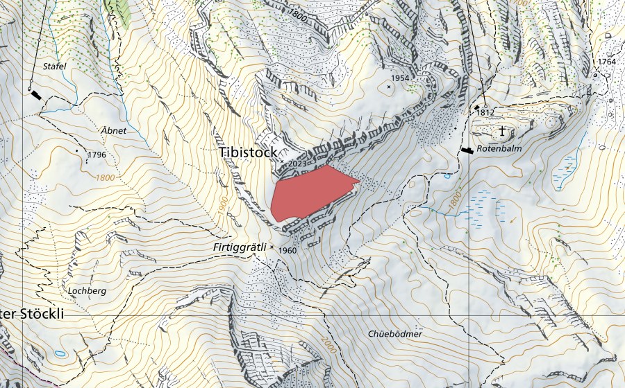 swisstopo national map showing the protected perimeter of Rotenbalm (Dry meadow)