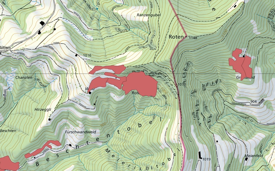 Landeskarte swisstopo mit dem Schutzperimeter von Rotengübel (Trockenwiese)