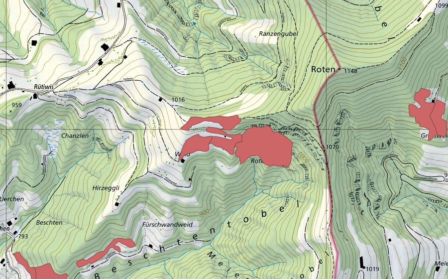 Carte nationale swisstopo avec le périmètre protégé de Rotengübel (Prairie sèche)