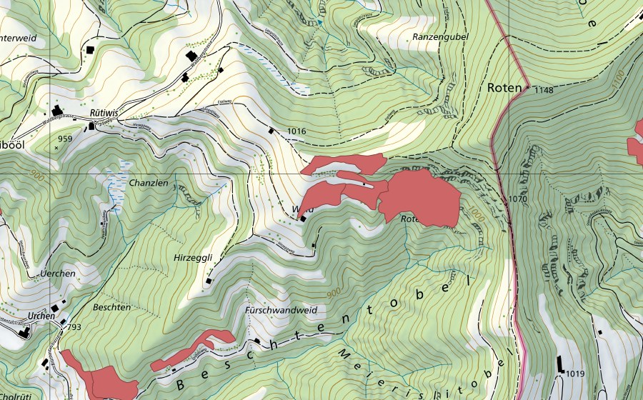Carte nationale swisstopo avec le périmètre protégé de Rotengübel (Prairie sèche)
