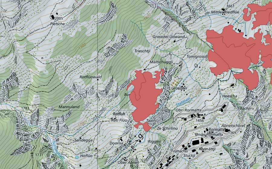 Landeskarte swisstopo mit dem Schutzperimeter von Roti Flüe (Trockenwiese)
