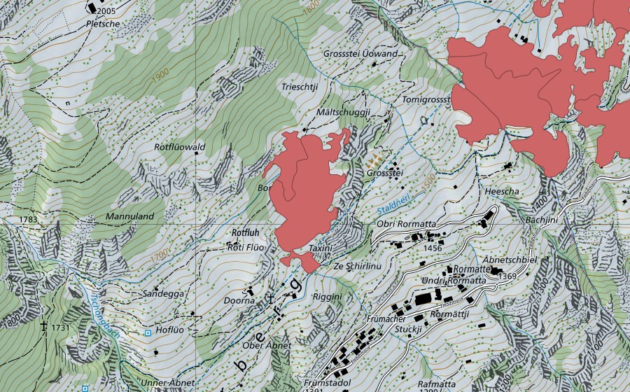 Carte nationale swisstopo avec le périmètre protégé de Roti Flüe (Prairie sèche)