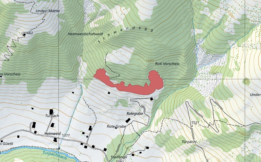 Carte nationale swisstopo avec le périmètre protégé de Roti Vorschess (Prairie sèche)