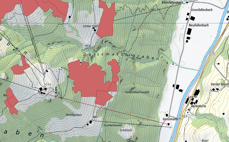 Carte nationale swisstopo avec le périmètre protégé de Rotihalten (Prairie sèche)
