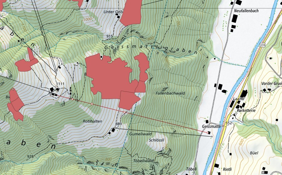 Carte nationale swisstopo avec le périmètre protégé de Rotihalten (Prairie sèche)