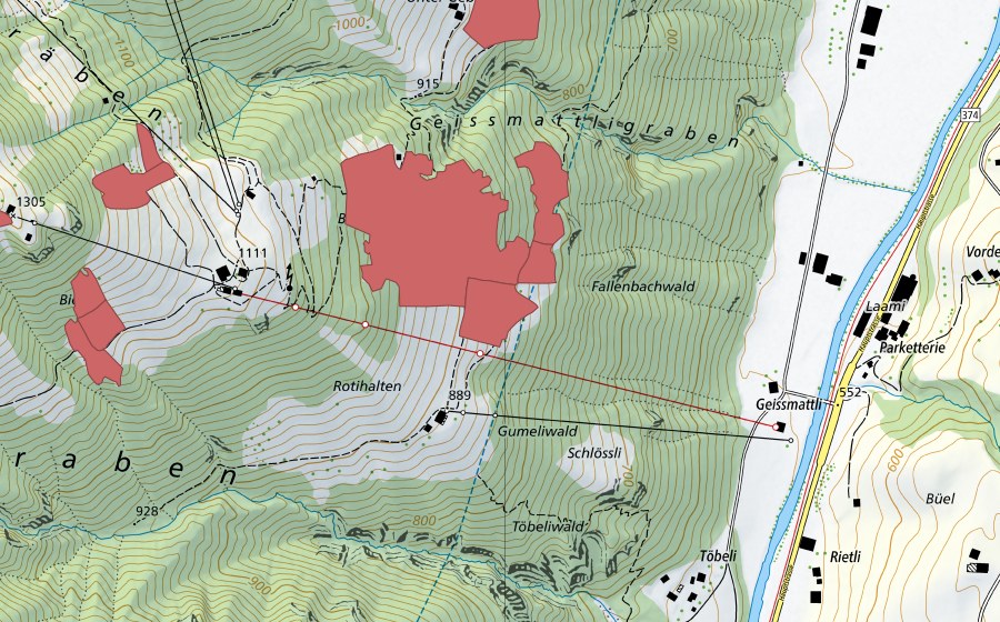 Carte nationale swisstopo avec le périmètre protégé de Rotihalten (Prairie sèche)