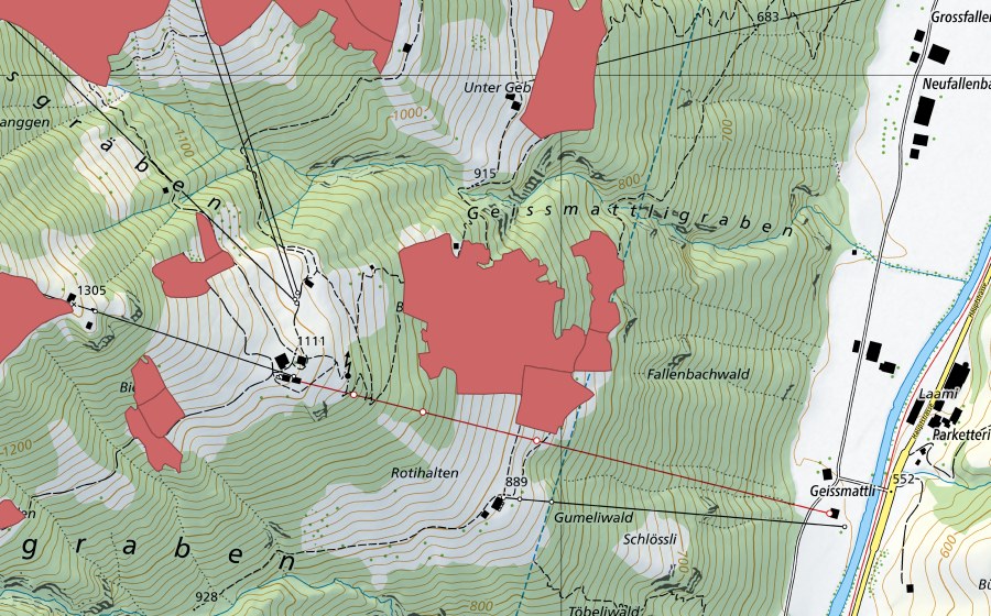 Landeskarte swisstopo mit dem Schutzperimeter von Rotihalten (Trockenwiese)