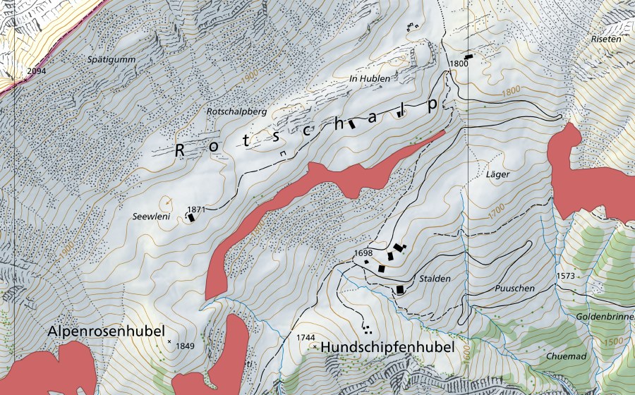 Carte nationale swisstopo avec le périmètre protégé de Rotschalp (Prairie sèche)
