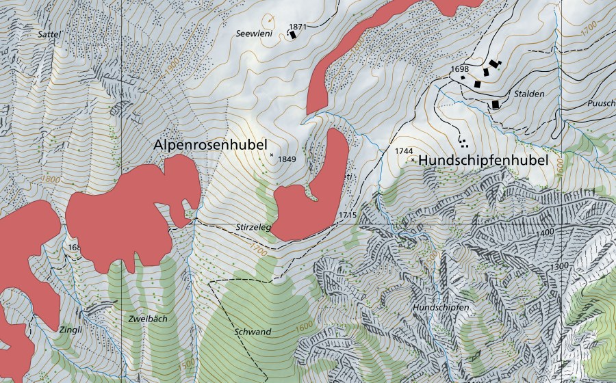 Carte nationale swisstopo avec le périmètre protégé de Rotschalp (Prairie sèche)
