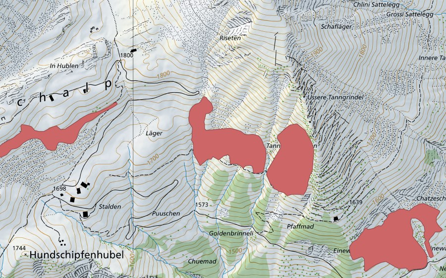 Carte nationale swisstopo avec le périmètre protégé de Rotschalp (Prairie sèche)