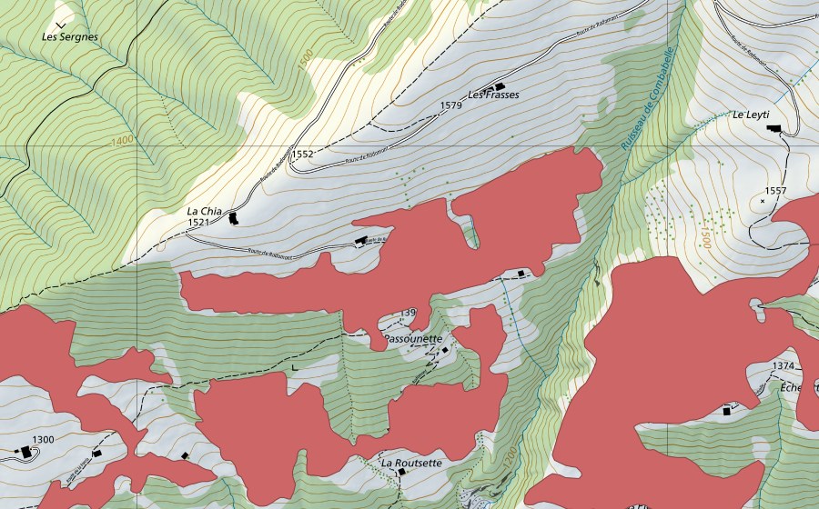Carte nationale swisstopo avec le périmètre protégé de Rougemont (Prairie sèche)