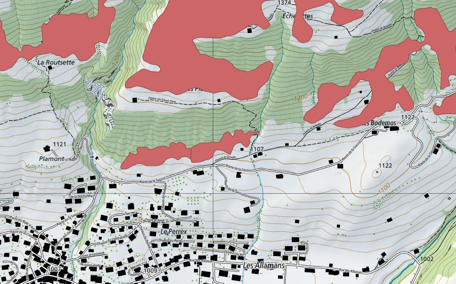 Carte nationale swisstopo avec le périmètre protégé de Rougemont (Prairie sèche)