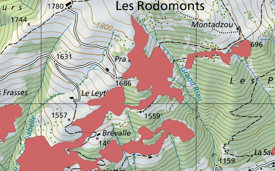 Carte nationale swisstopo avec le périmètre protégé de Rougemont (Prairie sèche)