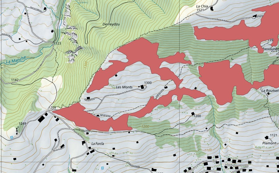 Landeskarte swisstopo mit dem Schutzperimeter von Rougemont (Trockenwiese)