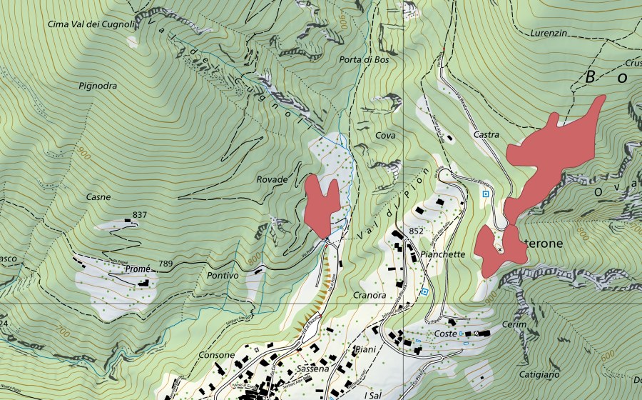 Landeskarte swisstopo mit dem Schutzperimeter von Rovadé (Trockenwiese)