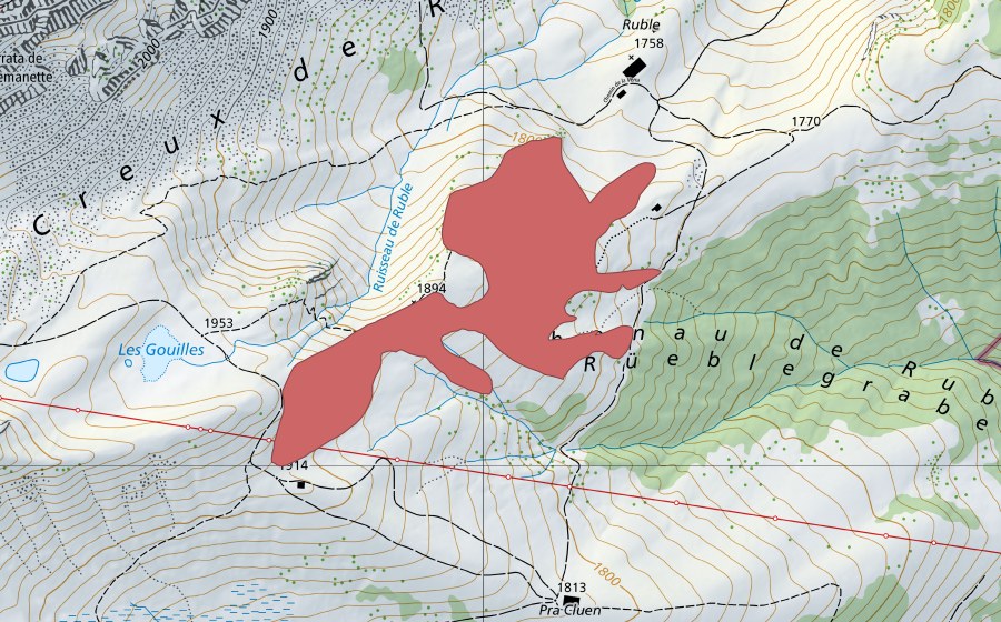 Landeskarte swisstopo mit dem Schutzperimeter von Ruble (Trockenwiese)