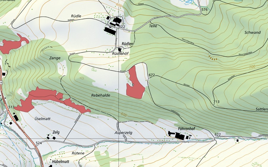 Carte nationale swisstopo avec le périmètre protégé de Rüdlehöf (Prairie sèche)